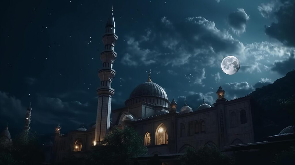 Mosque in front of night cloudy and starry sky Illustration Stock Free