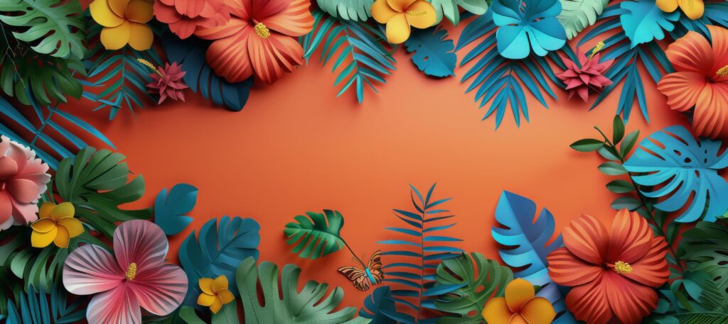 Colorful Paper Flowers and Leaves on an Orange Background Stock Free