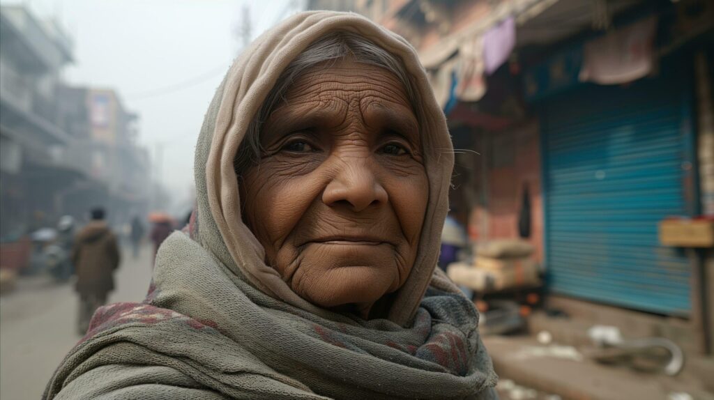 An elderly woman wearing a scarf and looking at the camera. Generative AI Free Photo