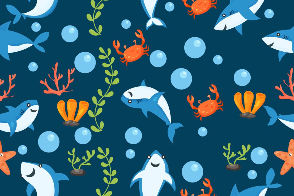 Printsharks pattern. cartoon shark, seaweed print. Sea wildlife, underwater world vector seamless texture Free Vector