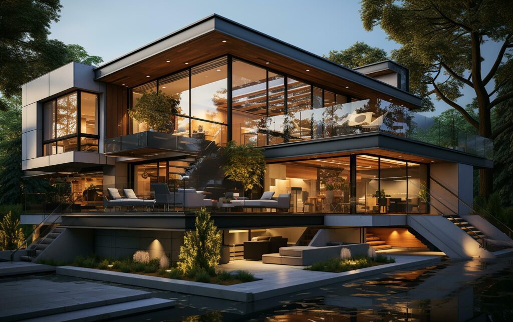 unique industrial architecture house in daylight, photo-realistic AI generative Stock Free