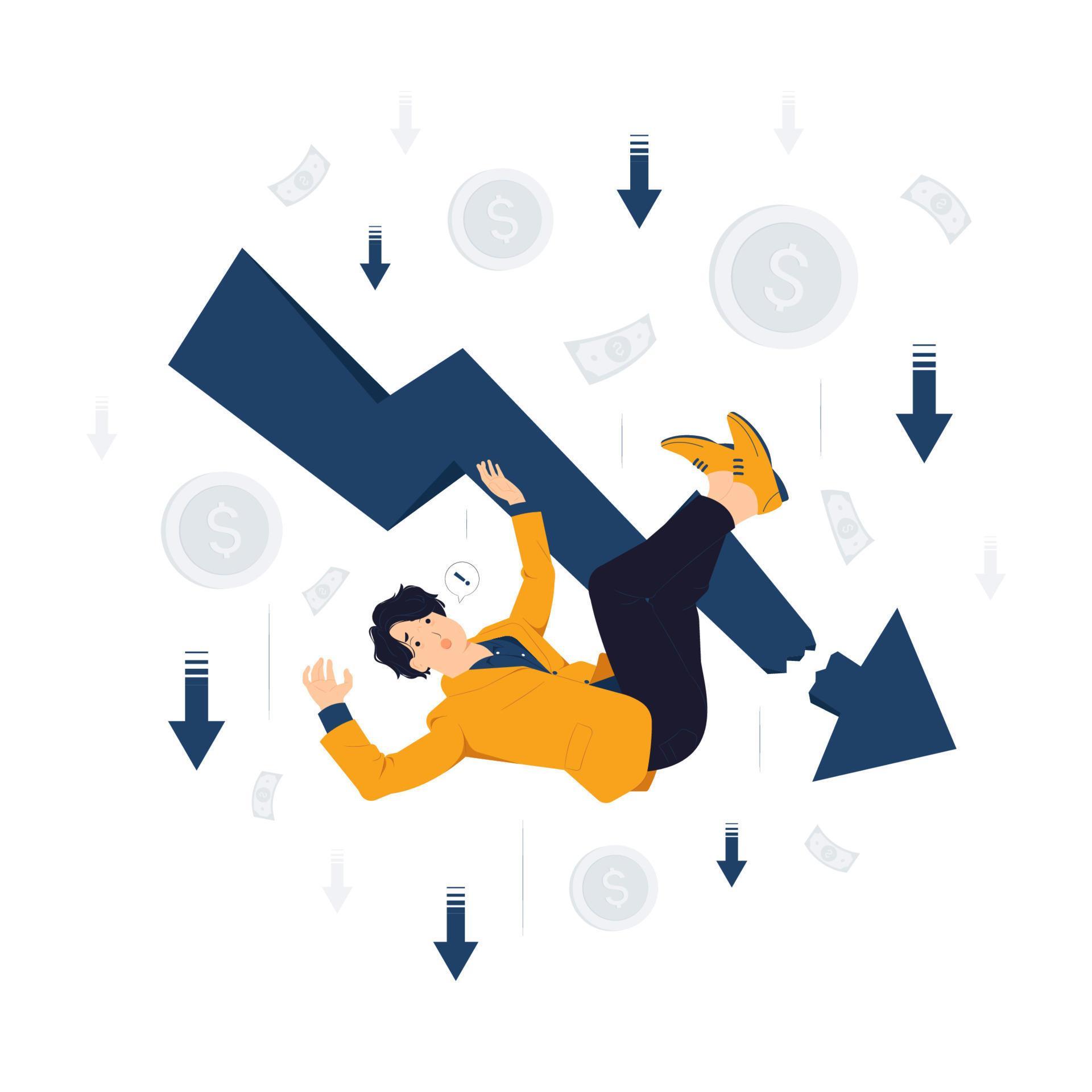 Bankruptcy Depressed Businessman upset and panicked thinking over Business failure, financial crisis, downward arrow concept illustration Stock Free