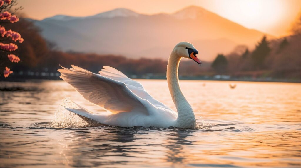 Swan spreading wings in the river with fuji mountain background.Generative Ai. Free Photo