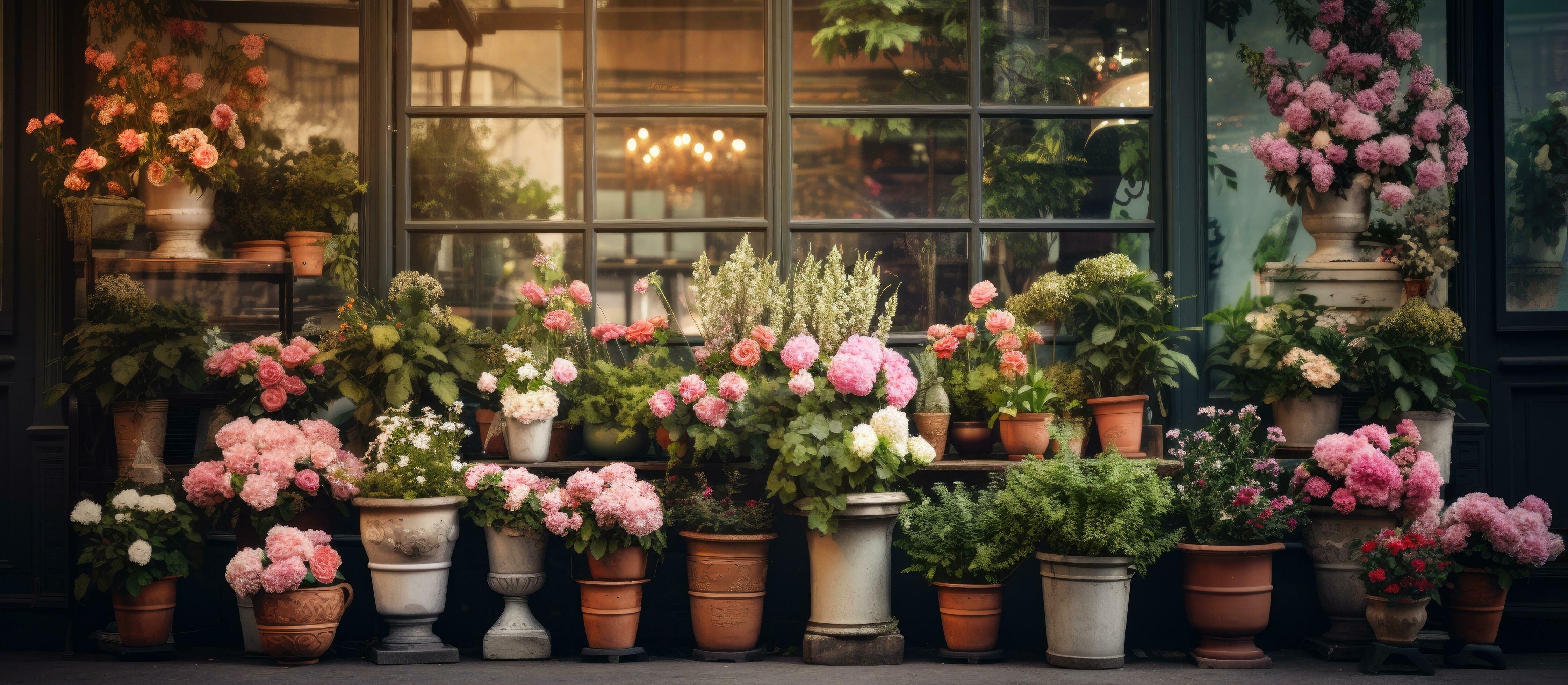 Potted flowers displayed in a shop s window Stock Free