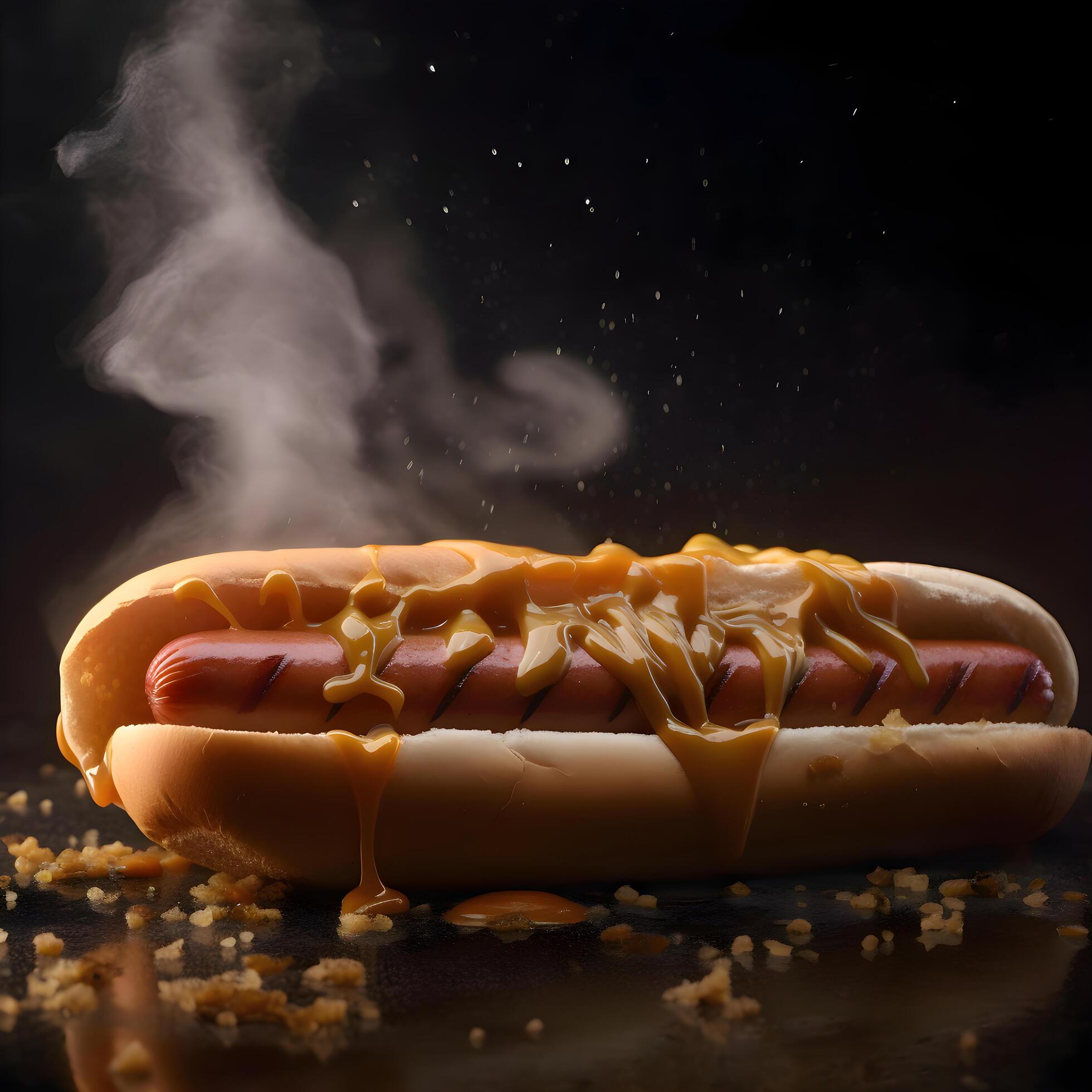 Hot dog with mustard and ketchup on a dark background. Fast food., Image Stock Free