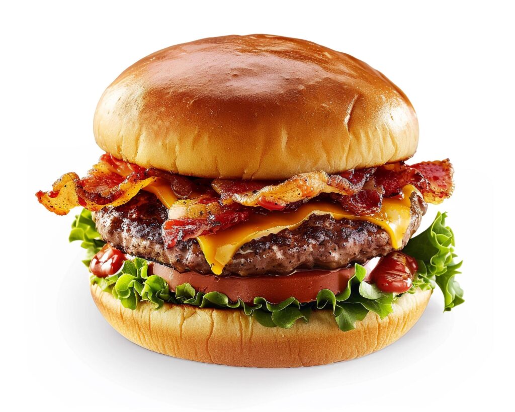 a hamburger with bacon and lettuce on a white background Stock Free