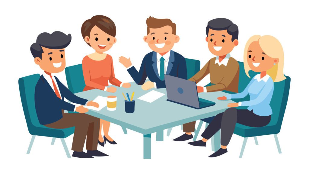 Cheerful businesspeople having a meeting in a boardroom, flat illustration on white background Free Vector