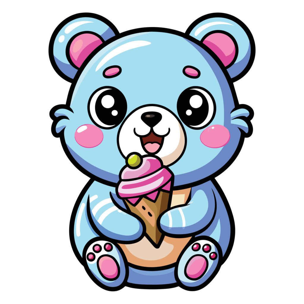 a cute kawaii bear eating ice cream, with clean black outlines, white background Free Vector