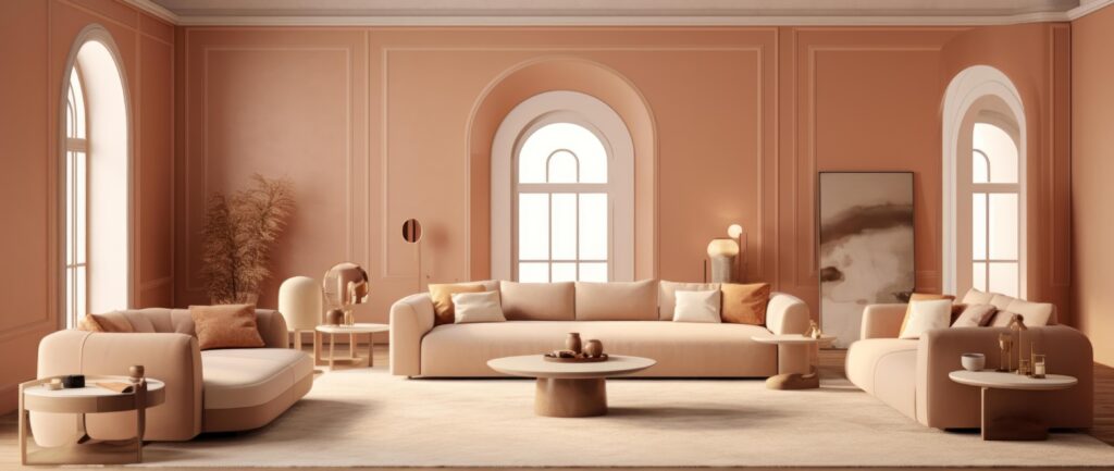 3D design of living room in beige colors. Illustration Stock Free