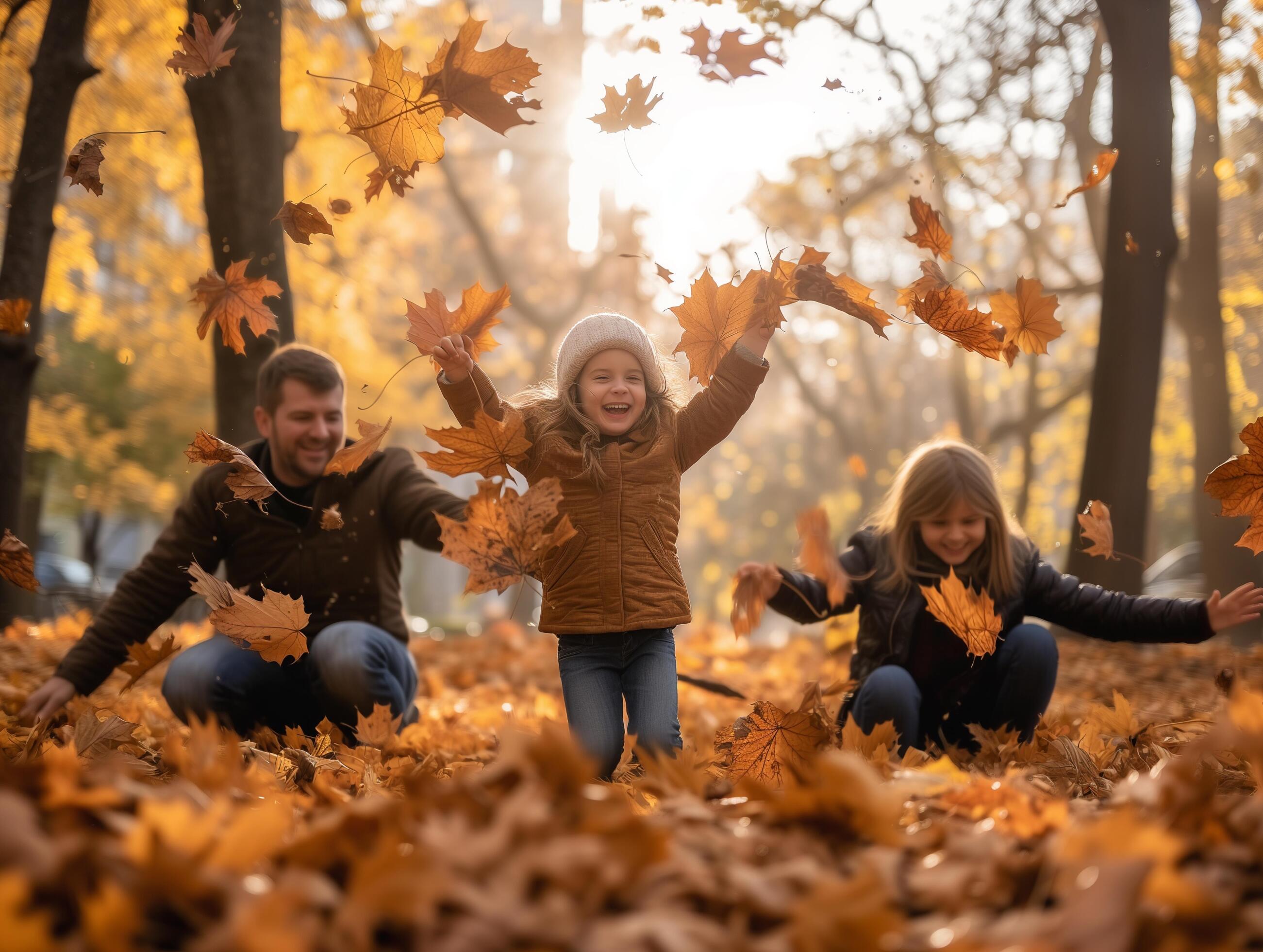 AI generated Happy family playing with autumn leaves in the park. The concept of a happy family. Stock Free