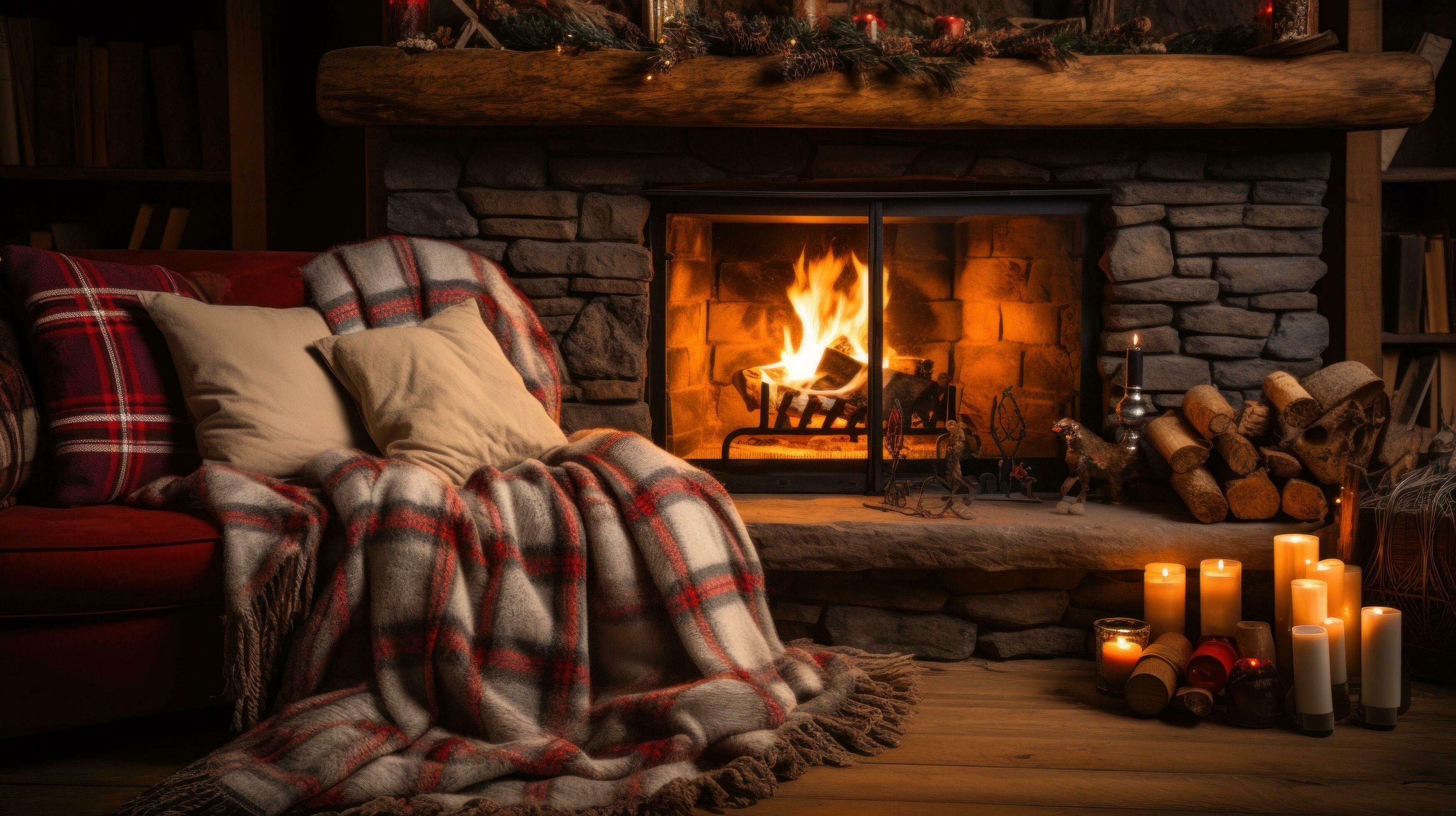 AI generated Cozy winter background with a crackling fireplace, plush blankets Stock Free