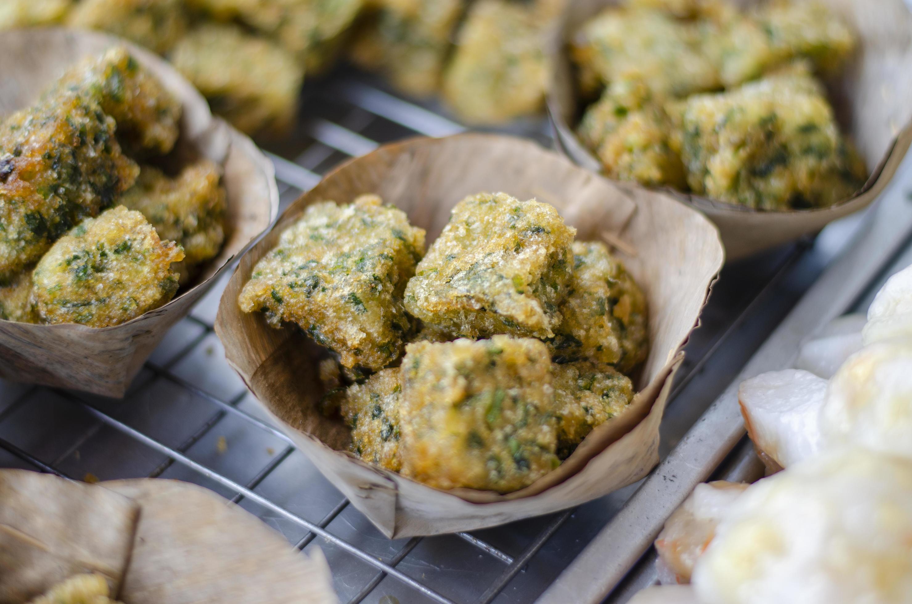 Close up, Garlic Chives Cakes on banana leaves, Asian style food Stock Free