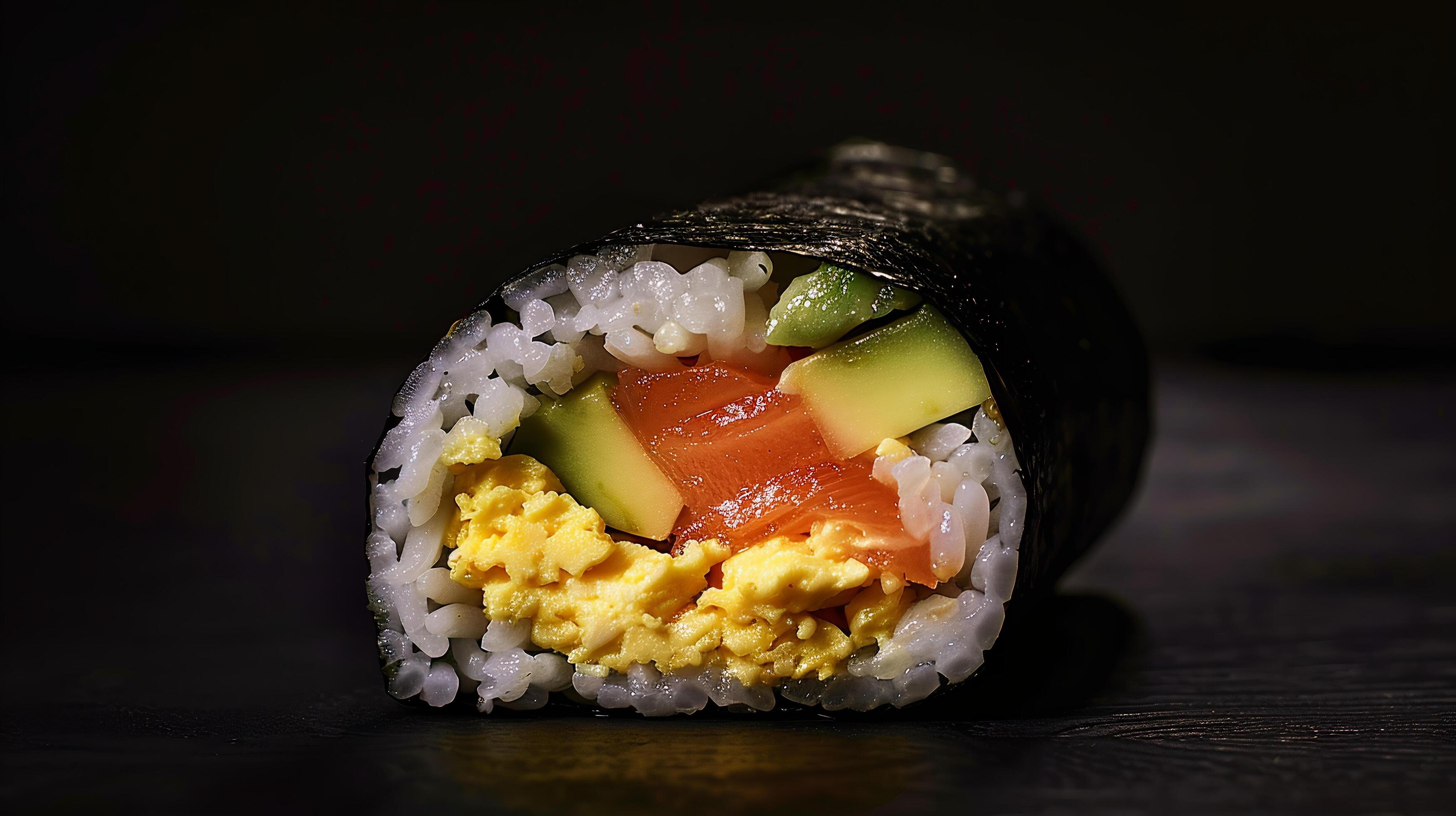 Breakfast sushi roll filled with scrambled eggs, avocado, and smoked salmon, wrapped in nori and rice. Stock Free