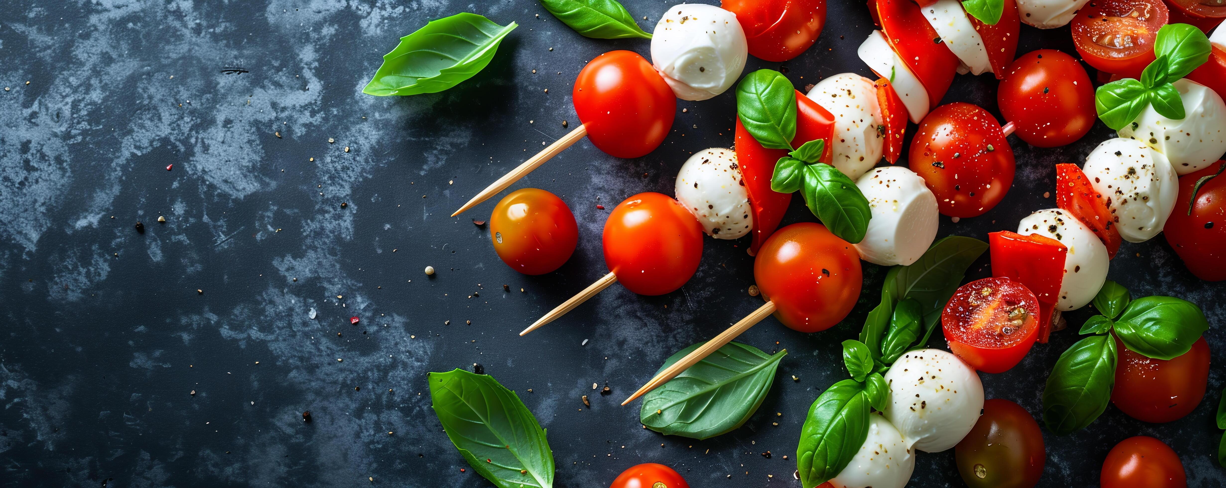 Caprese salad skewers with cherry tomatoes, mozzarella balls, and basil leaves. Stock Free