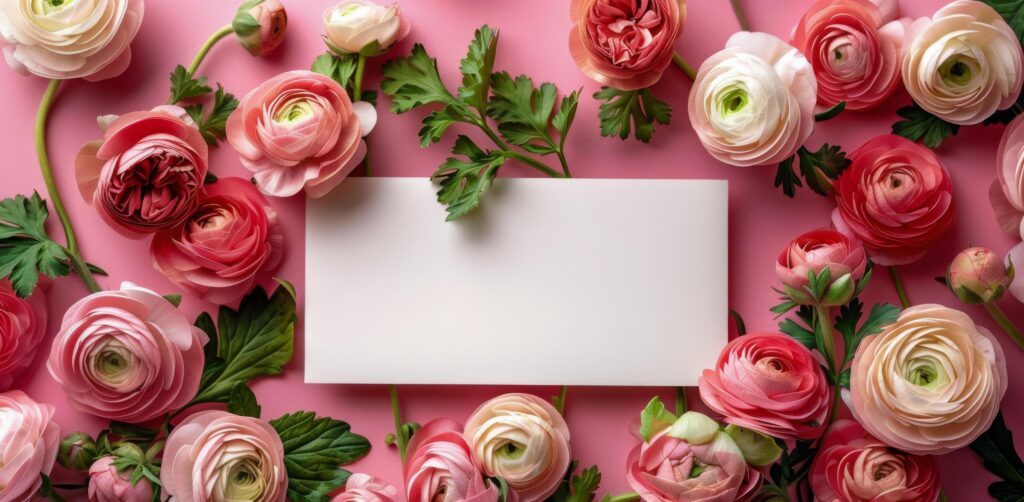 Pink Ranunculus Flowers Arranged in a Border on a Pink Background Stock Free