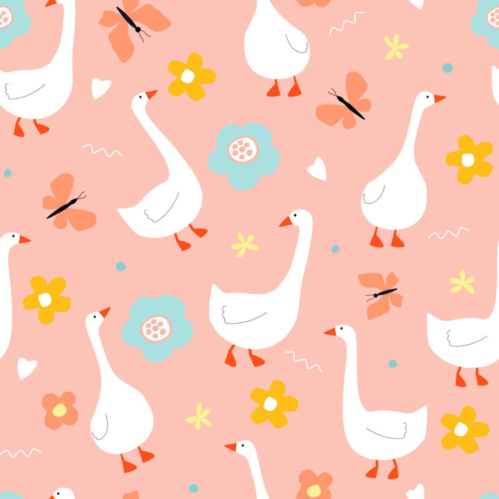 Seamless pattern with silhouettes of geese. Waterfowl against a background of flowers, butterflies, summer mood. Free Vector