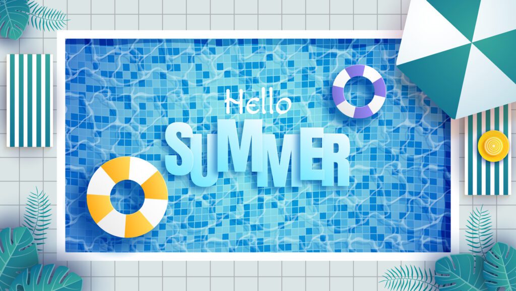 Summer banner design on swimming pool background with floating elements like leaves and beach ball for summer vacation vacation. Free Vector