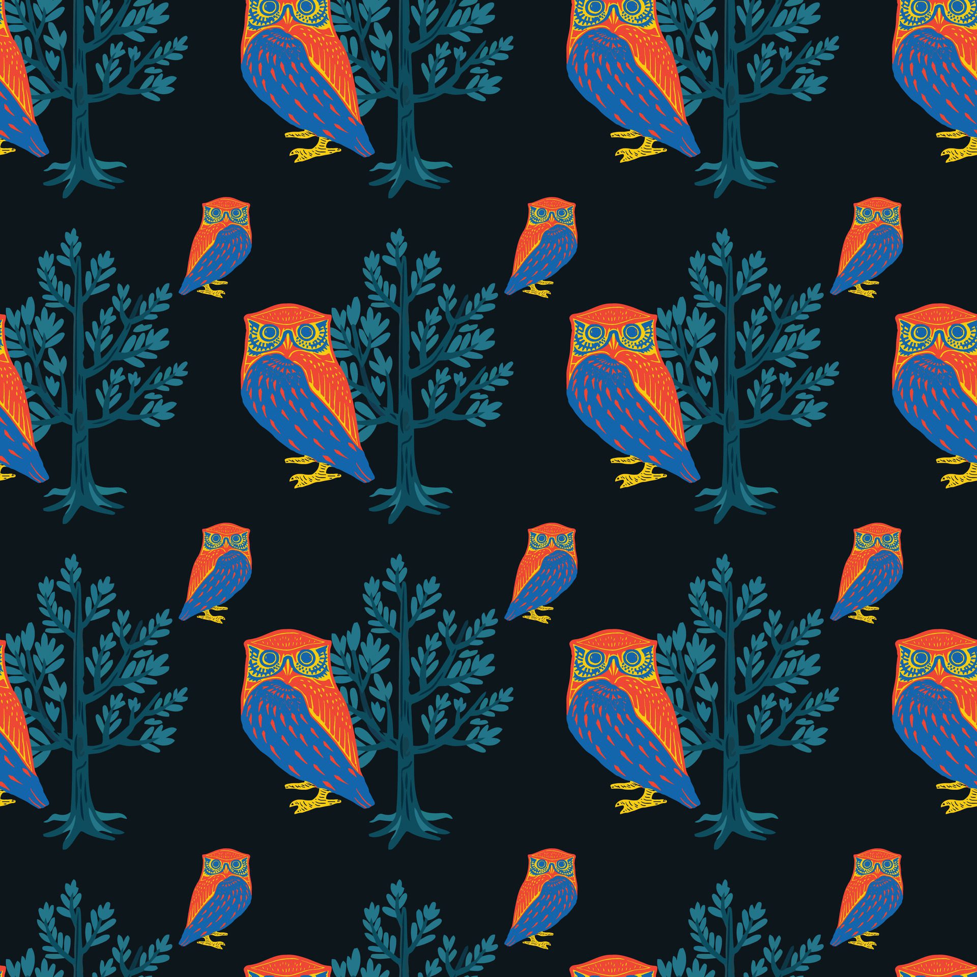 Owls In The Forest Seamless Pattern Design Free Vector