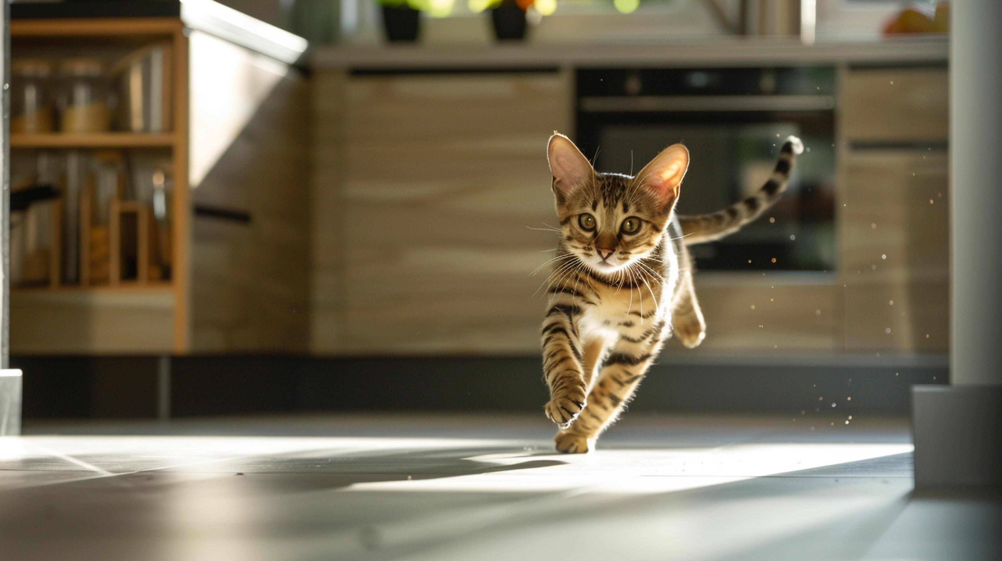 Lifestyle portrait photography of a ocicat running against a modern kitchen Stock Free