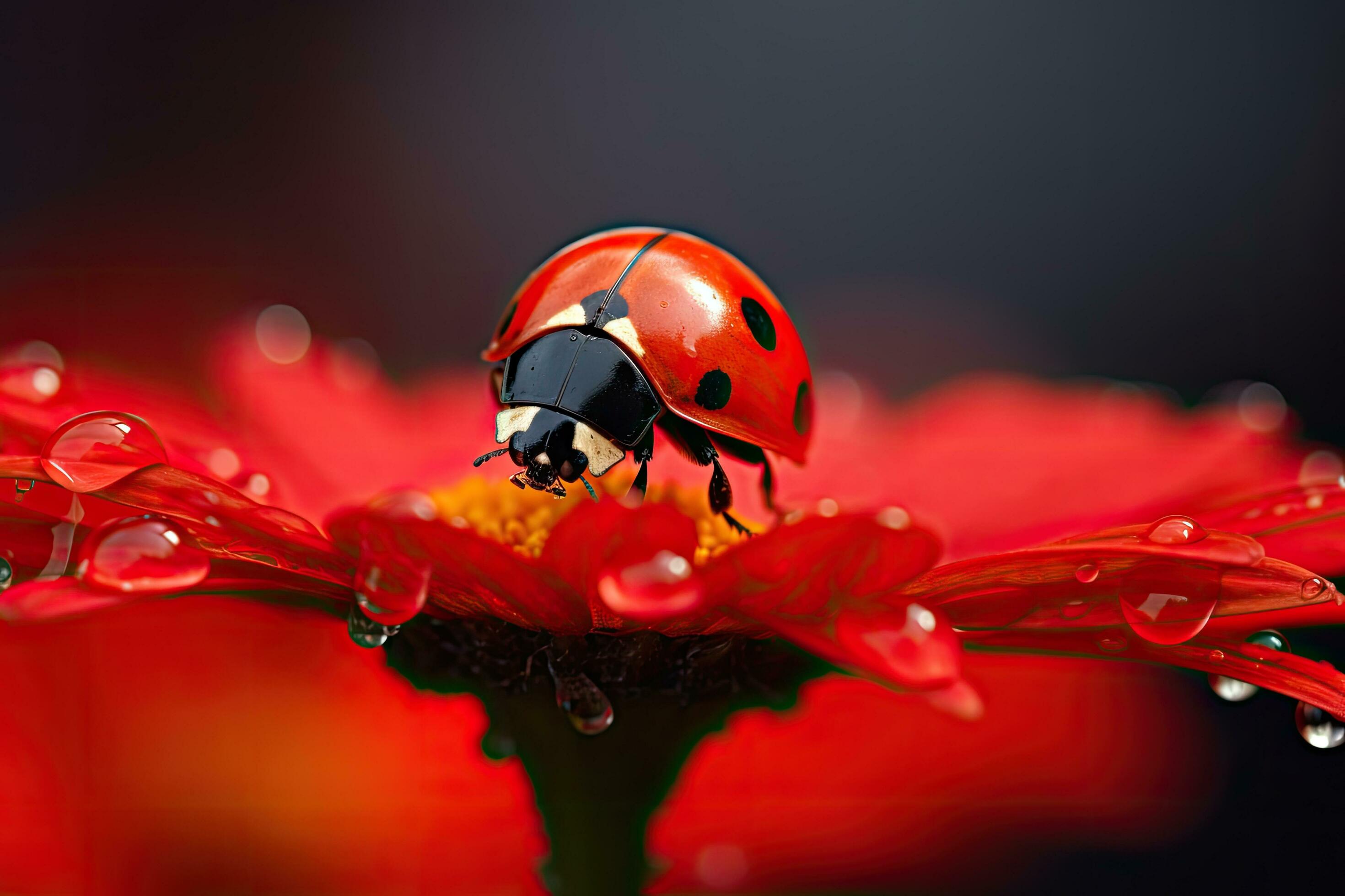 ladybug on red flower petal with water drops close up, A ladybug sitting on a red flower on blurred background, AI Generated Stock Free