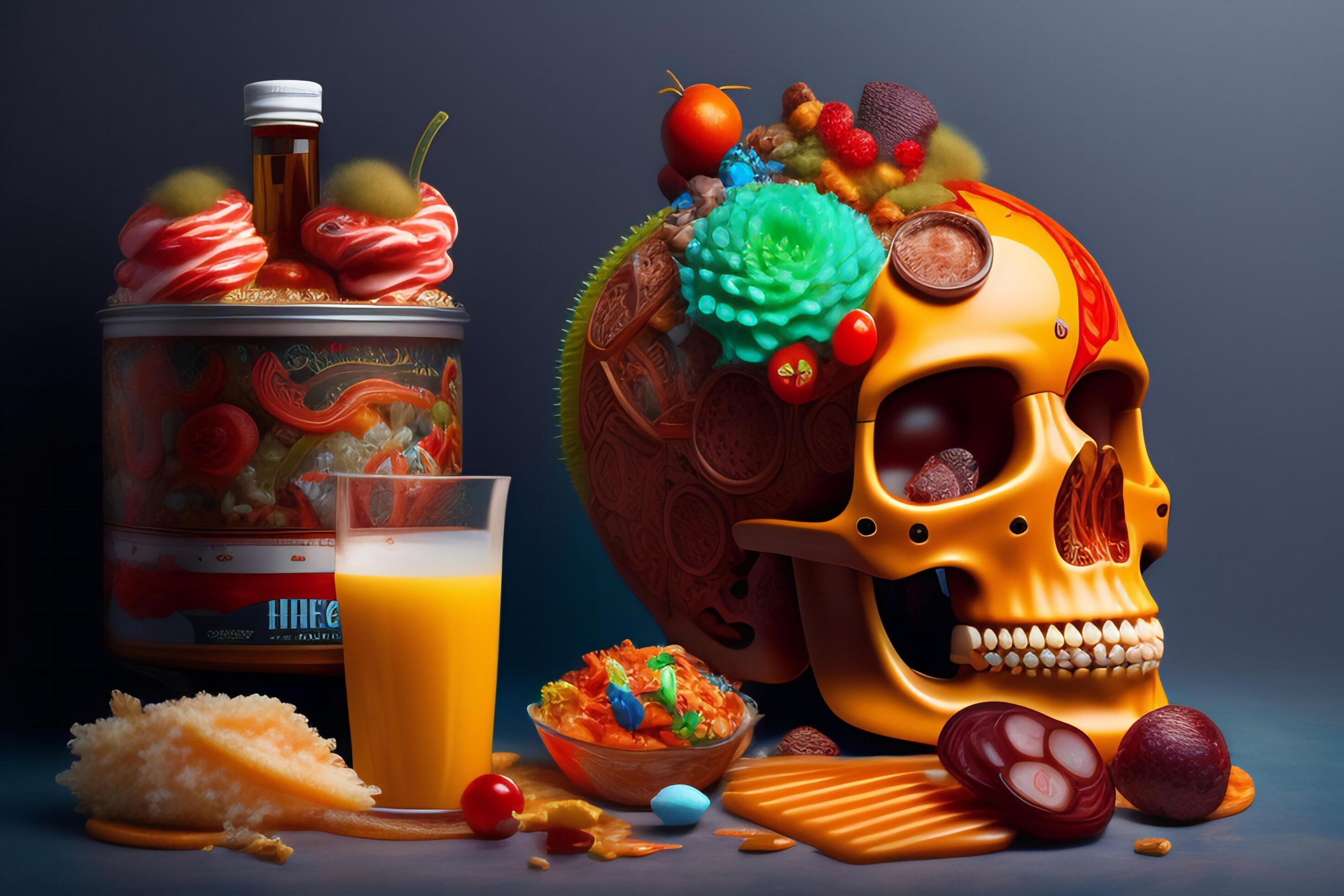 the anatomy of a zoombie head made of junk food. Stock Free