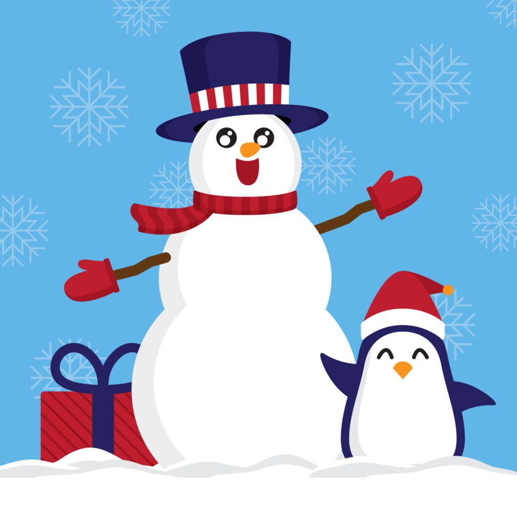 Snowman and penguin present winter promotion. Graphic vector for winter promotion advertising. Free Vector