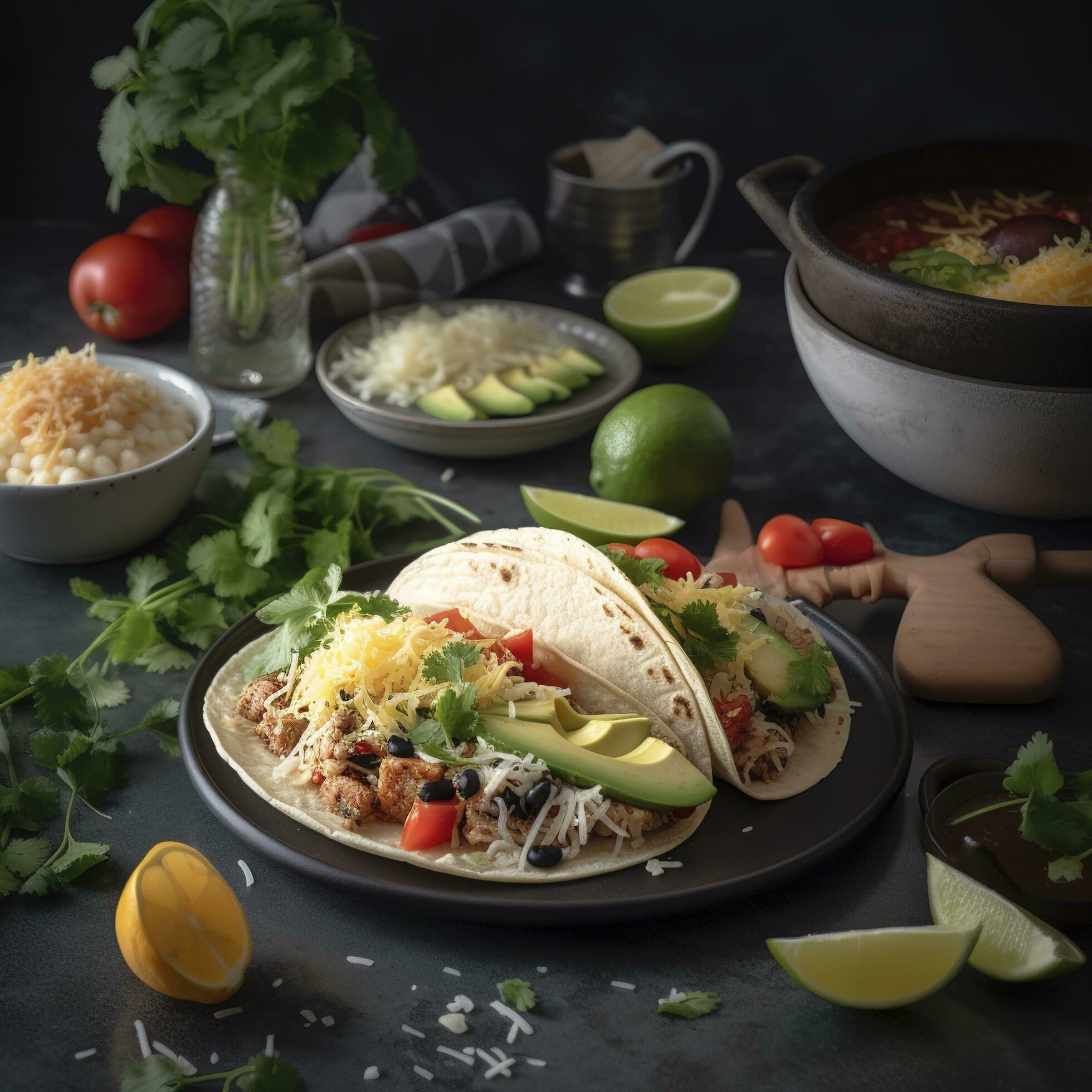 Mexican food corner border, top-down view over a dark banner background. Tacos, quesadilla, burritos and nachos. Copy space, generate ai Stock Free