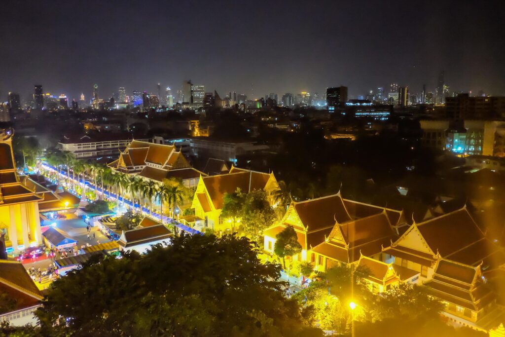 Beautiful night Cityscape view from Golden mountain in Wat saket Temple and Light of loi krathong Festival,Bangkok city Thailand Stock Free