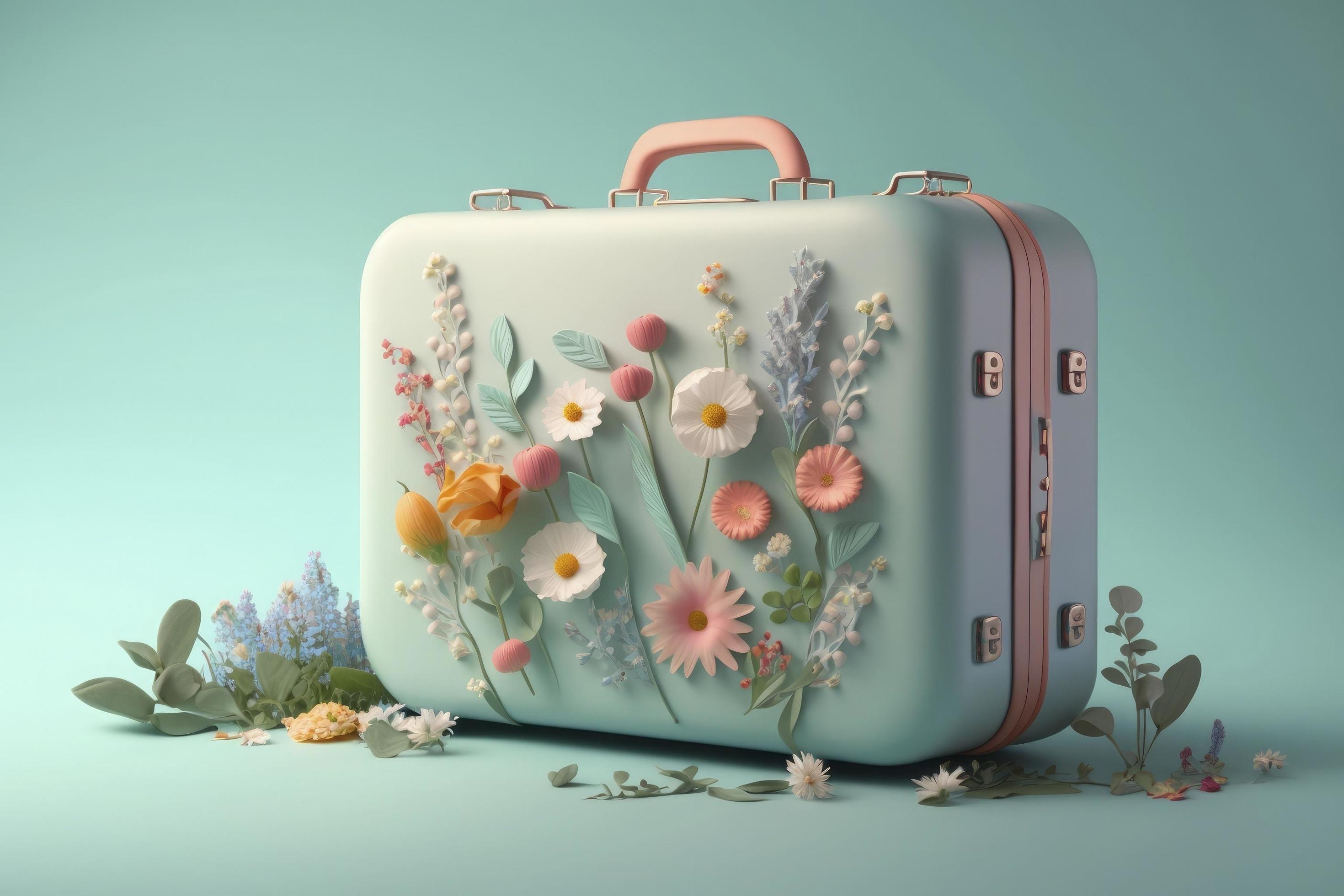 Suitcase filled with spring and summer flowers, pastel color, creative positive lifestyle, self care and traveling concept Stock Free