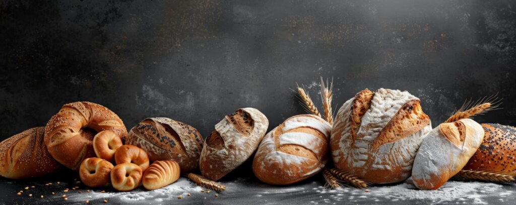 Freshly Baked Bread and Pastries Arranged on a Black Background Stock Free