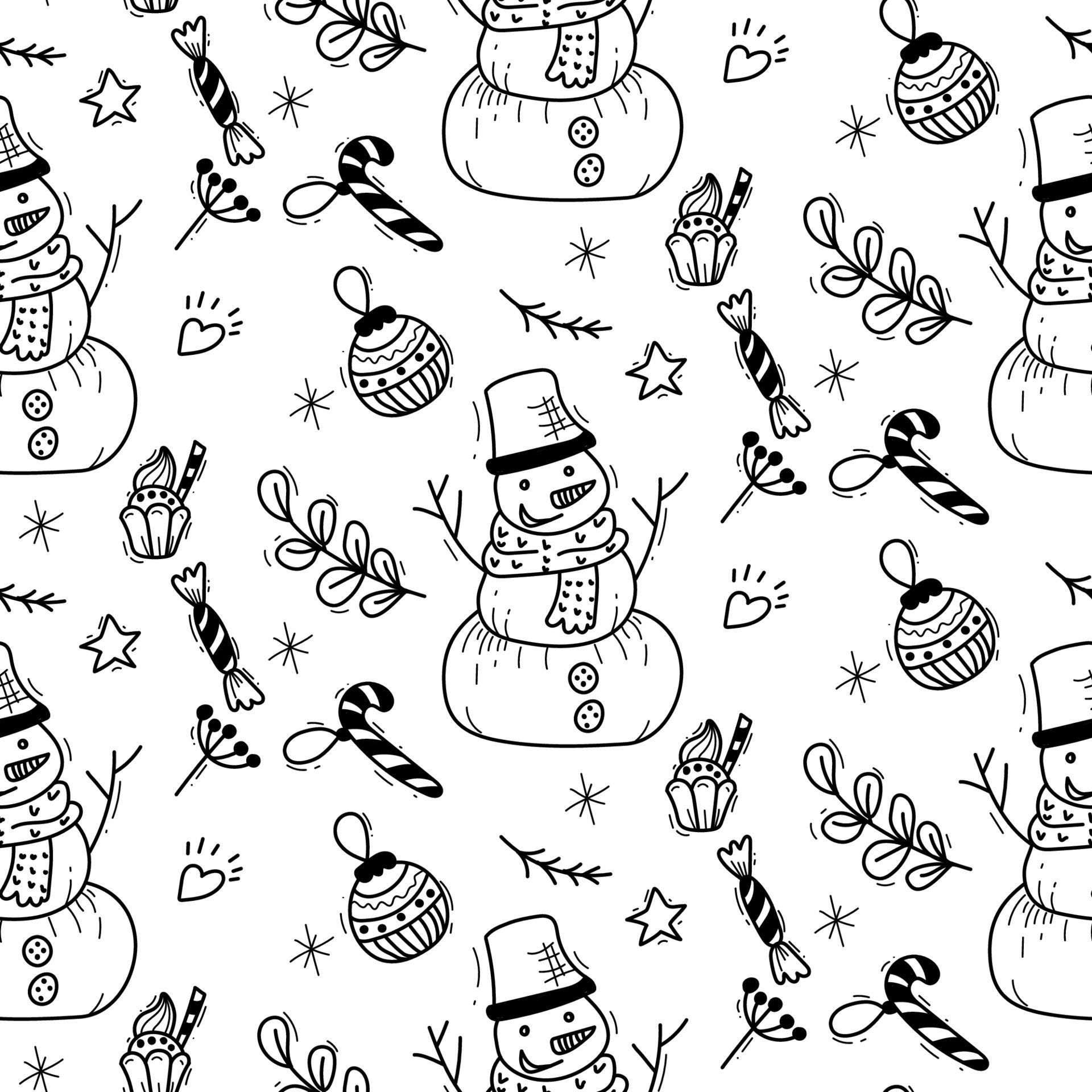 Pattern with Christmas elements in doodle style for fabric, Cute snowman Free Vector