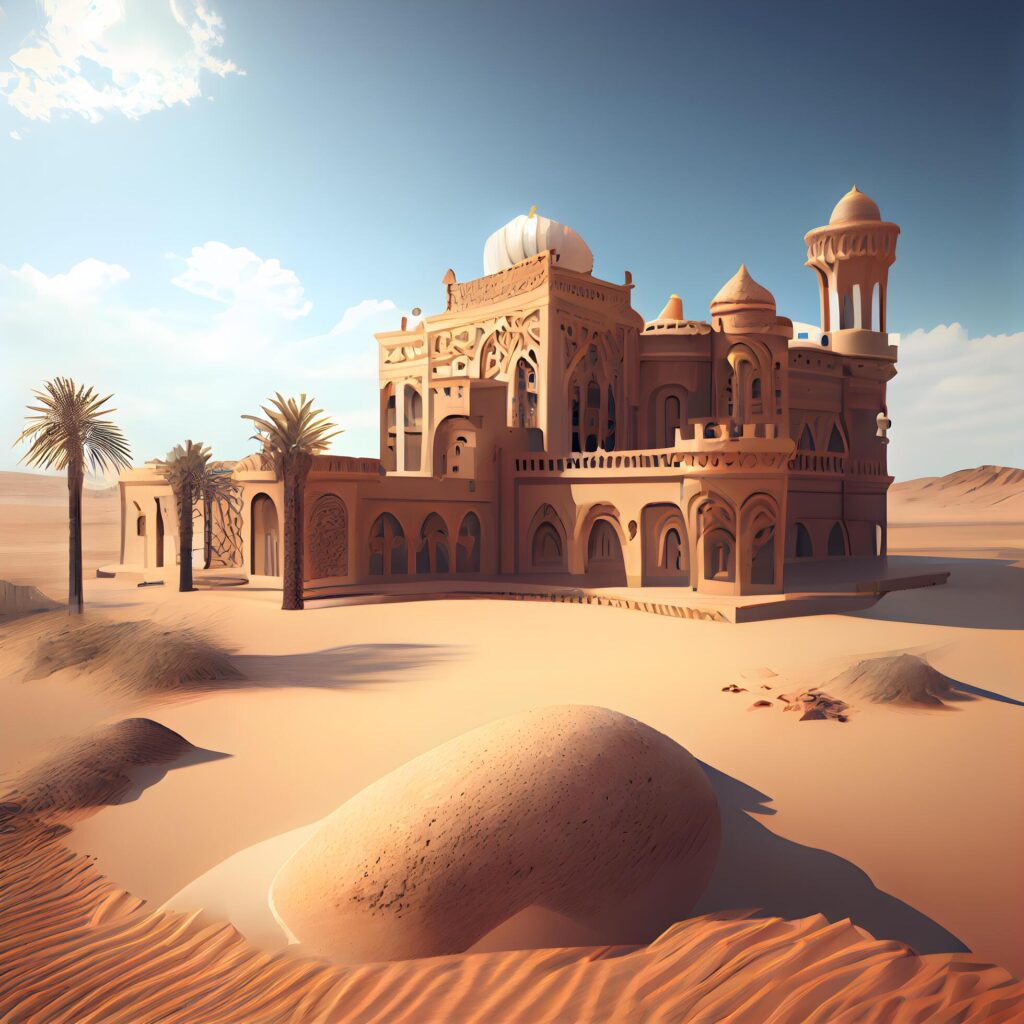 Mosque in the desert. 3D illustration. Vintage style., Image Stock Free