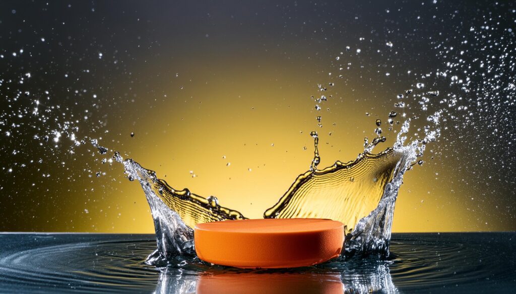 empty orange podium mockup with water splash on a gradient background for product display Stock Free