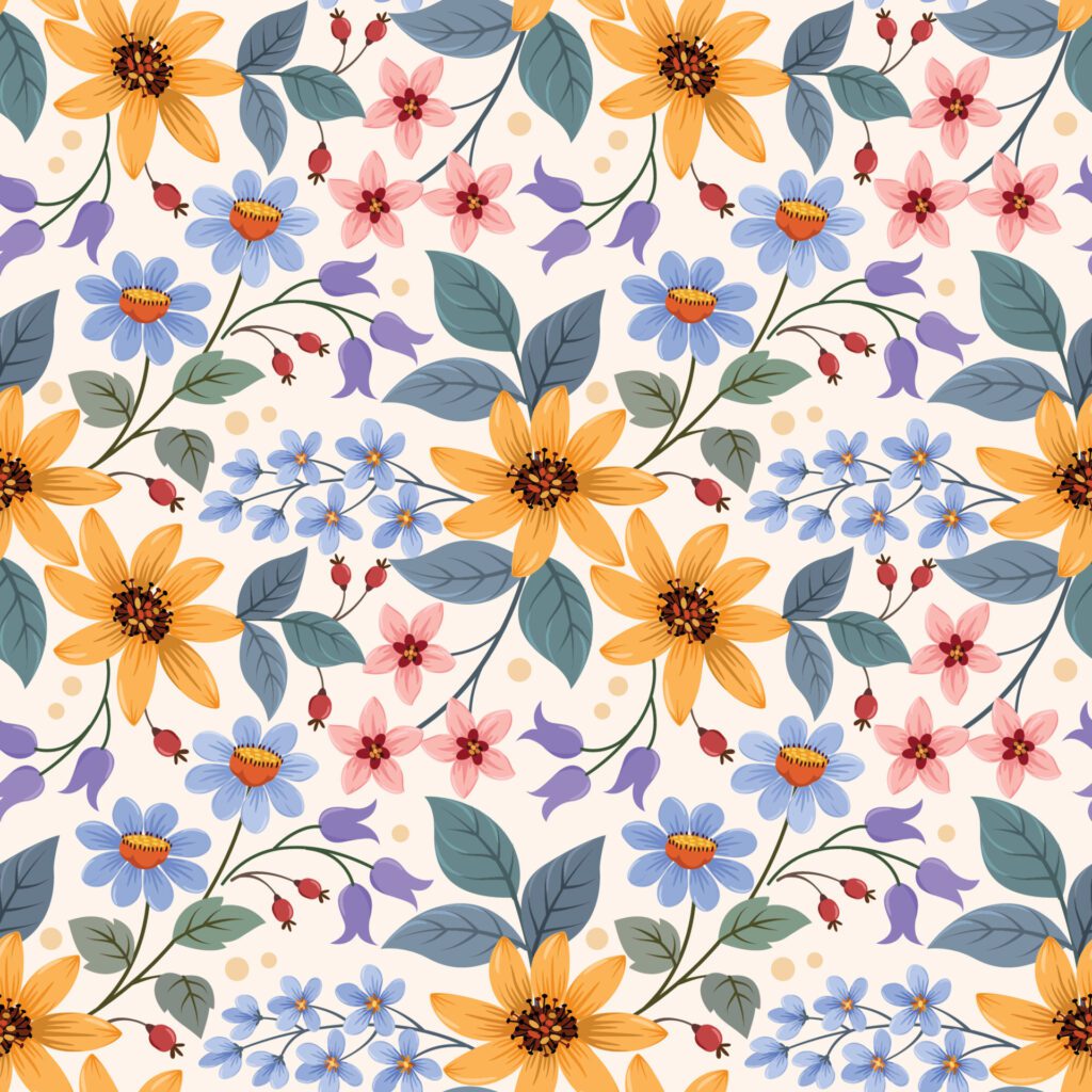 Colorful hand draw flowers seamless pattern. Free Vector