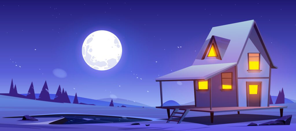 House on hill with snow and frozen pond at night Free Vector