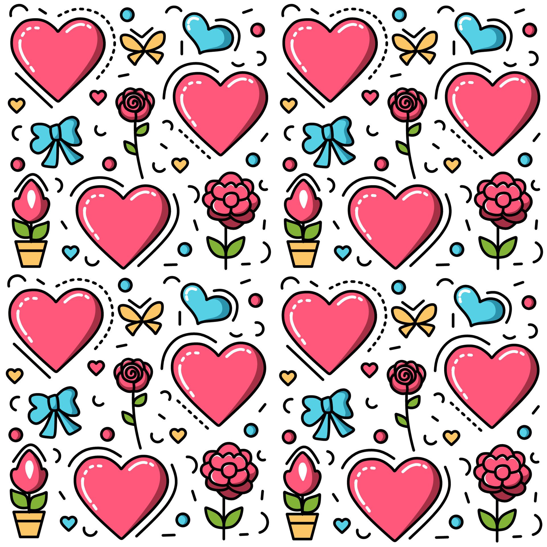 Charming Love, Pink, Blue, Yellow, and Green Pattern with Flowers and Ribbons Free Vector