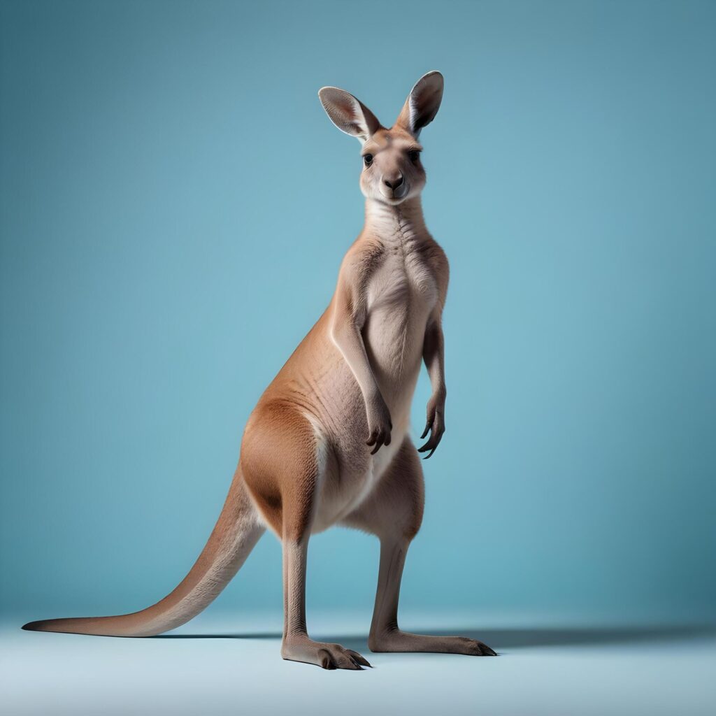 a kangaroo standing on its hind legs in front of a gray background Stock Free