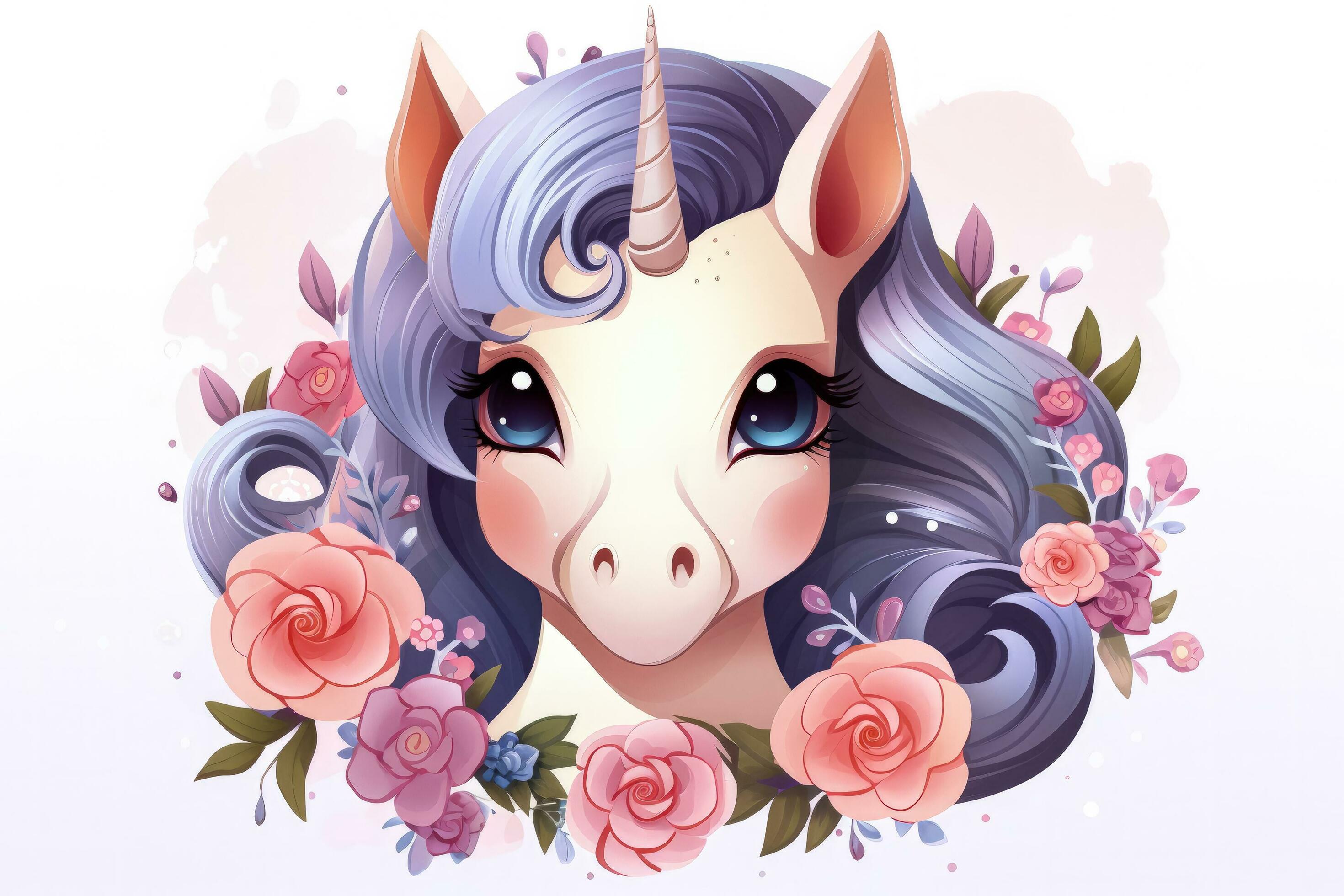 Cute unicorn with flowers isolated on a white background Stock Free