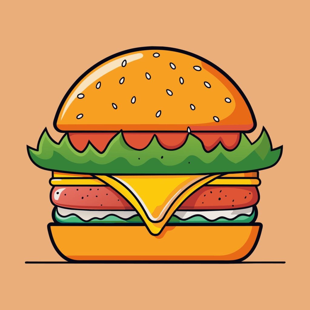 art of burger cheese with fire cartoon style flat icon illustration Stock Free