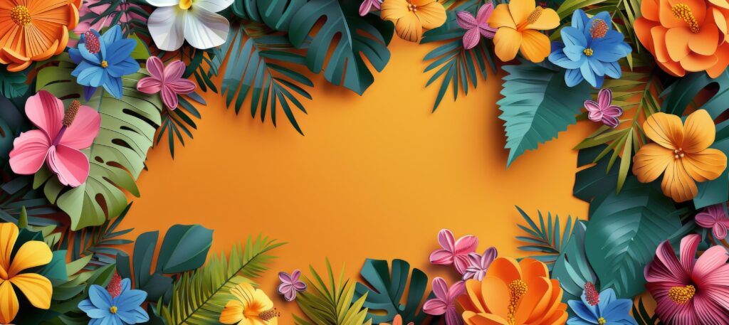 Colorful Paper Flowers and Leaves on an Orange Background Stock Free