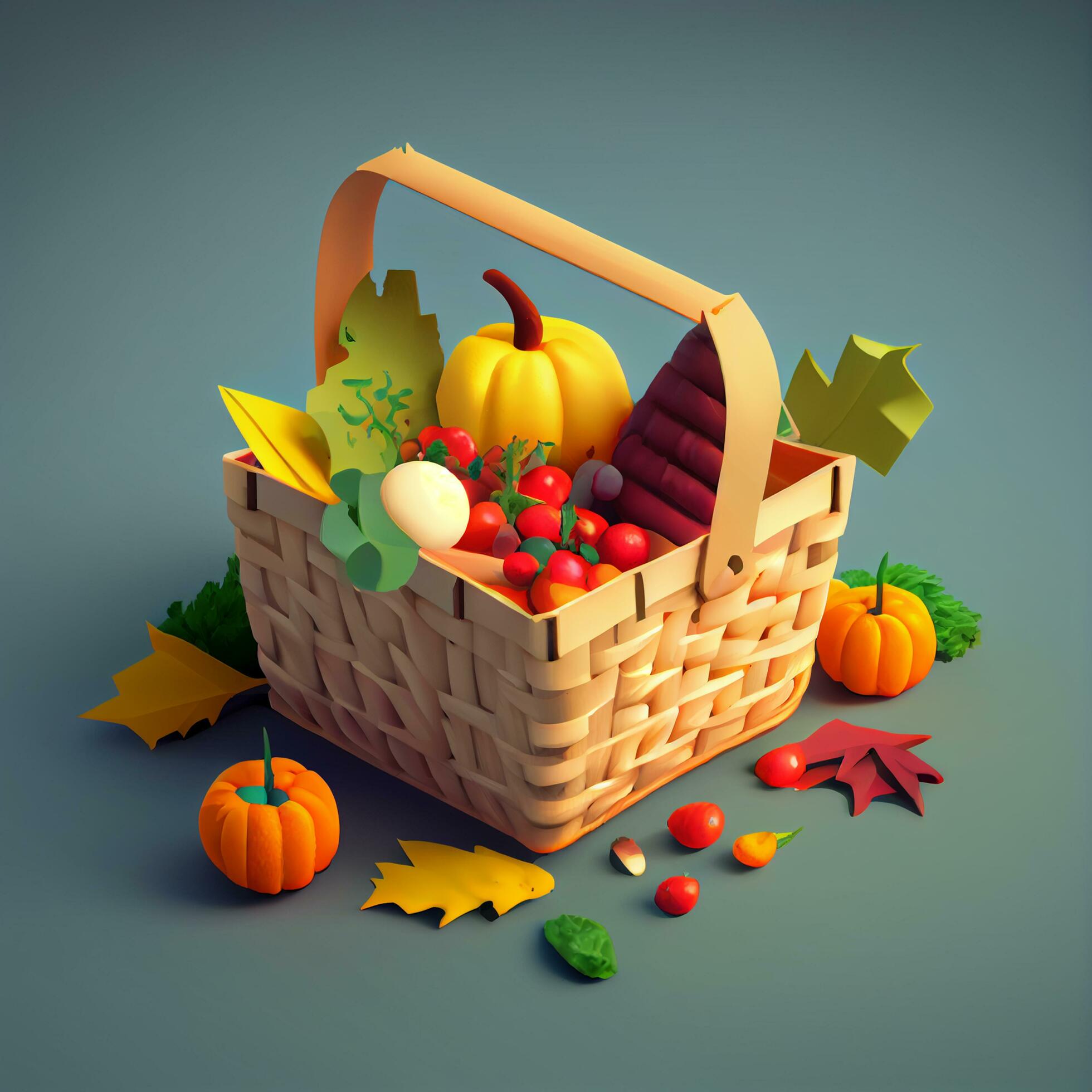 healthy and vegetarian food in basket with autumn leafs ,generative AI Stock Free