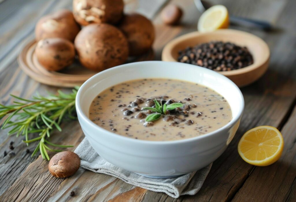 a bowl of mushroom soup set on a wooden table Free Photo