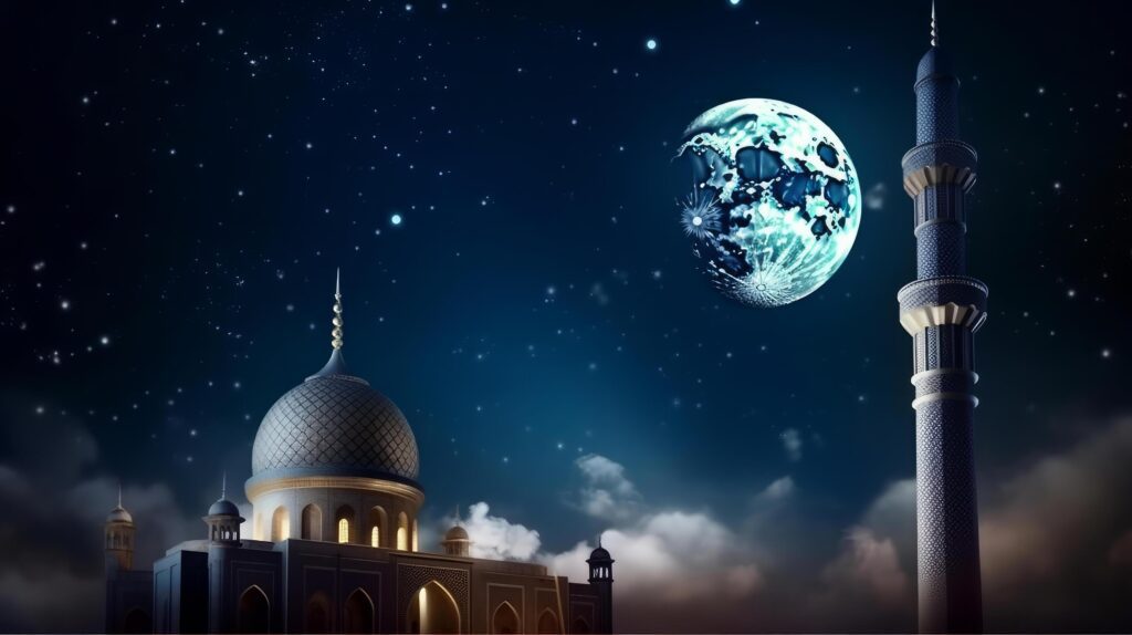 Mosque in front of night cloudy and starry sky Illustration Stock Free