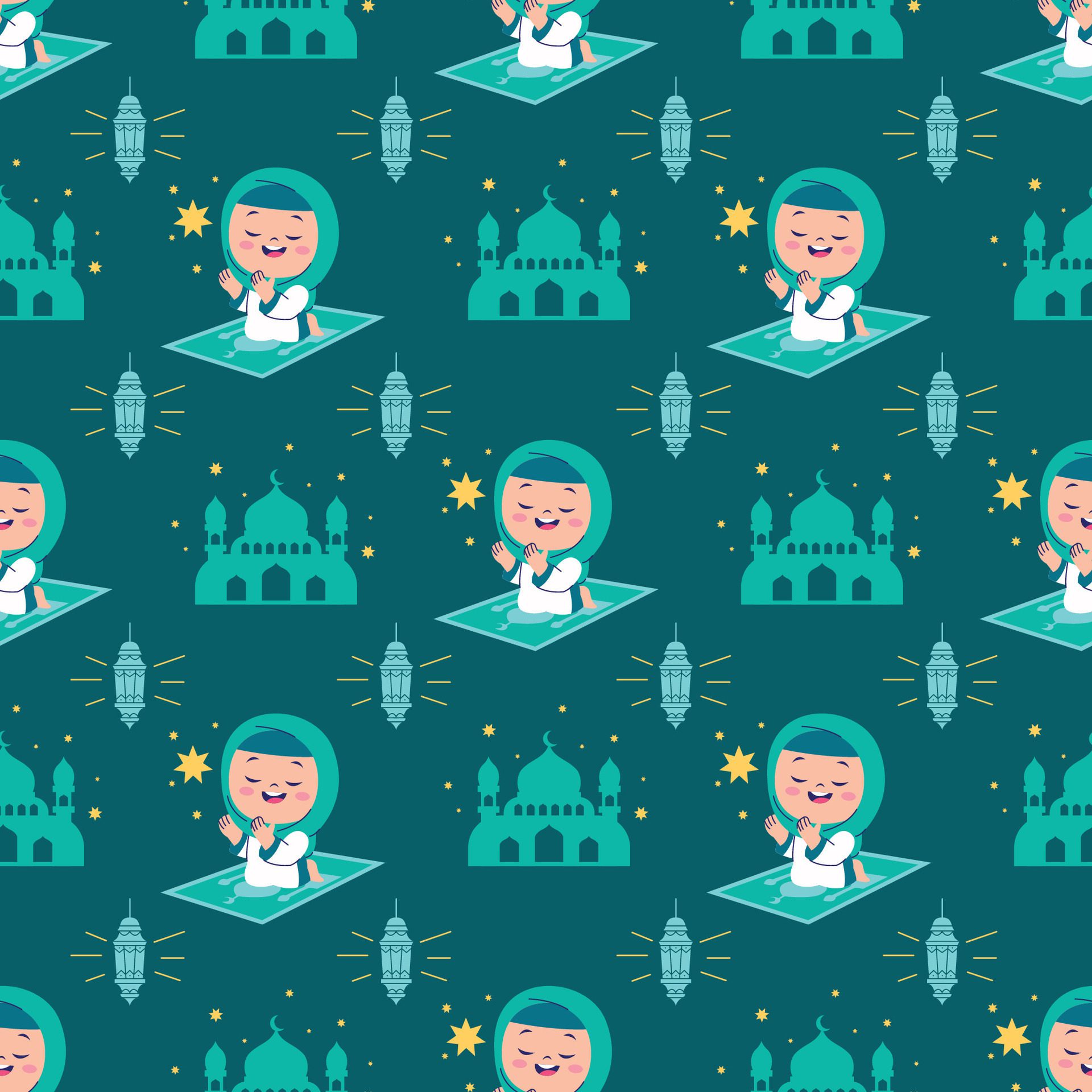 PRAYING ISLAMIC GIRL IN HIJAB WITH MOSQUE AND LANTERN SEAMLESS PATTERN Free Vector