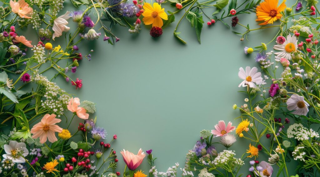 Colorful Wildflowers Arranged Around a Green Background Stock Free