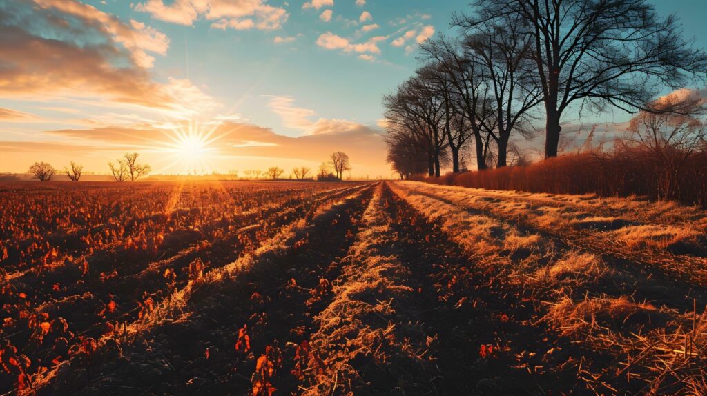 Sunrise Over Frosty Farmland with Vivid Skies Free Photo