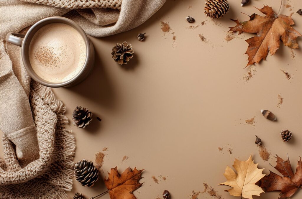 Warm Autumn Drink With Knit Blanket and Fall Leaves on Tan Background Stock Free