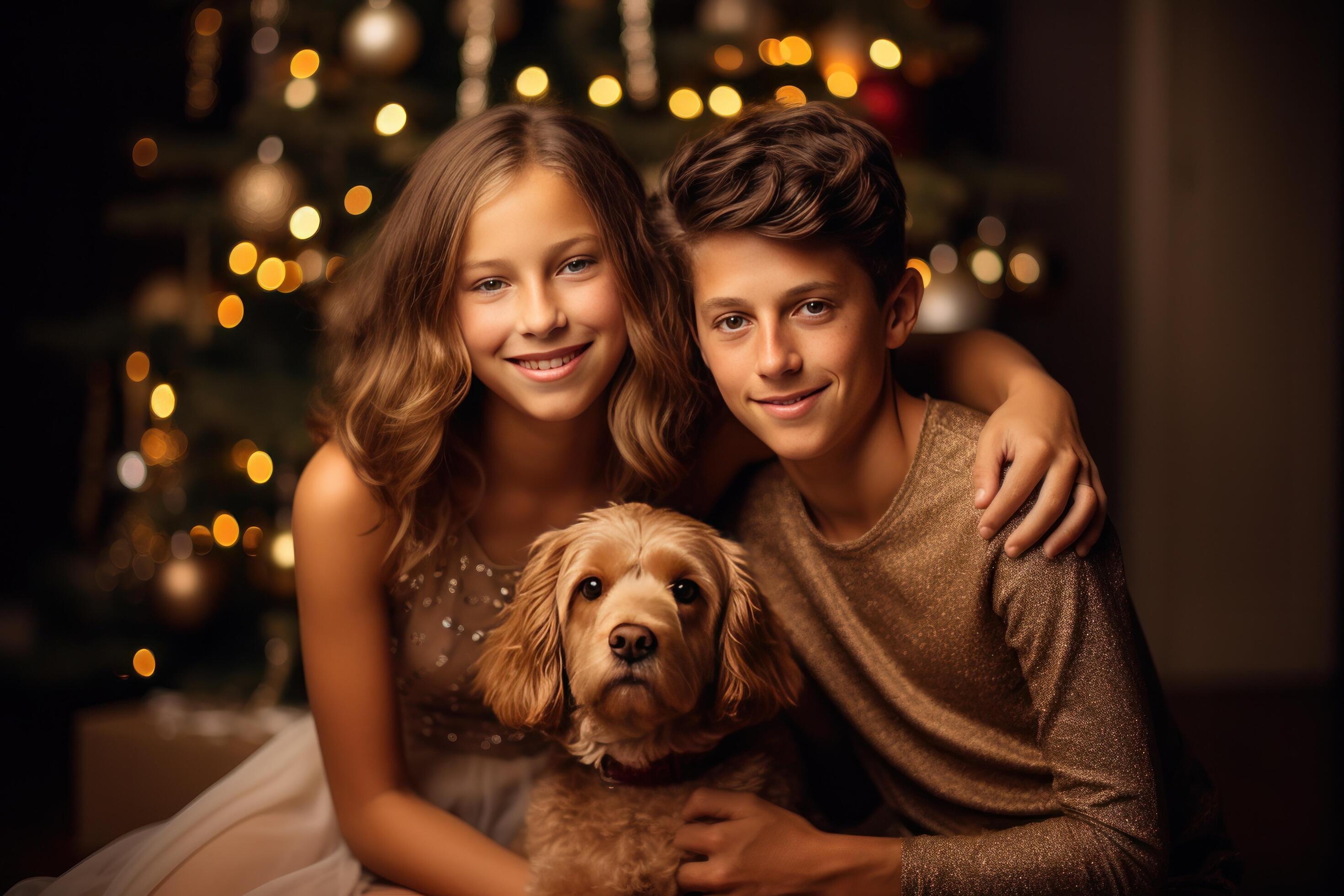 AI generated a family photo in the midst of a christmas tree with two children and dog Stock Free