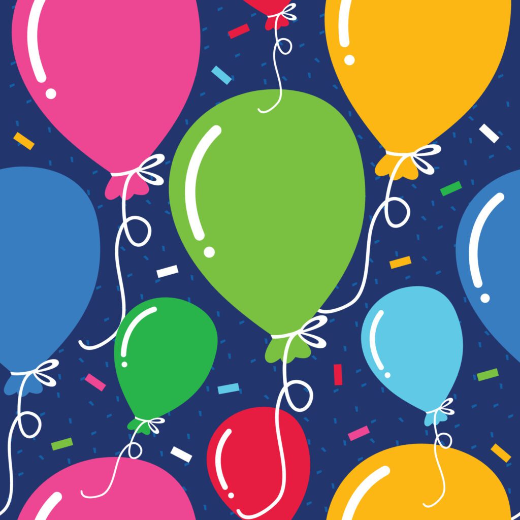 birthday balloon seamless pattern with colorful confetti and blue background Free Vector