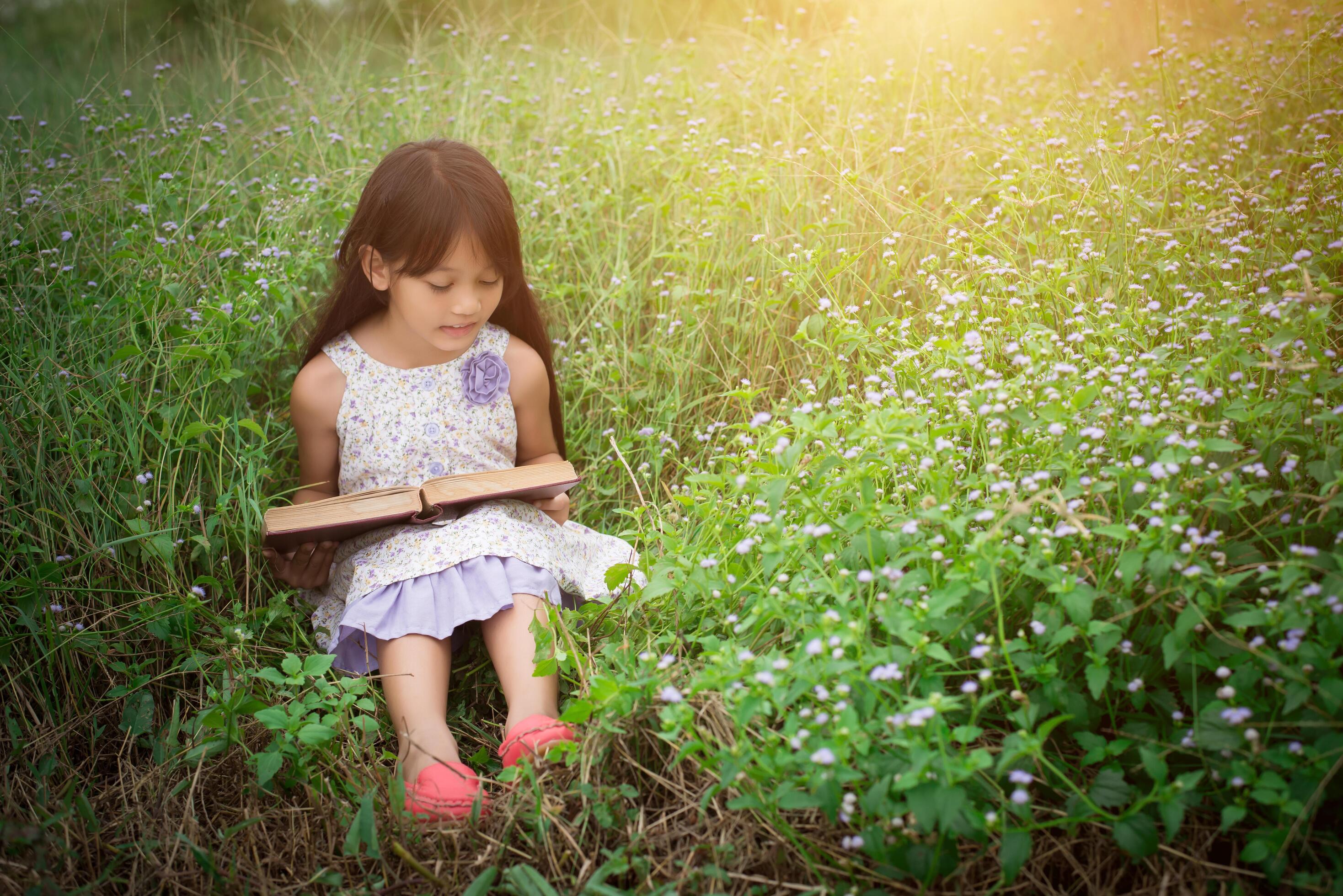 little cute asian girl reading book at nature. Stock Free